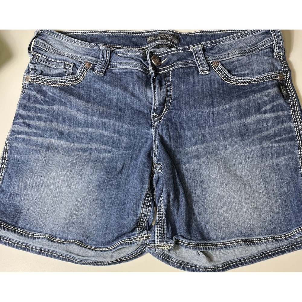 Silver Jeans Suki Flap Pocket Shorts Womens Sz 16 Medium Wash Denim Thick Stitch